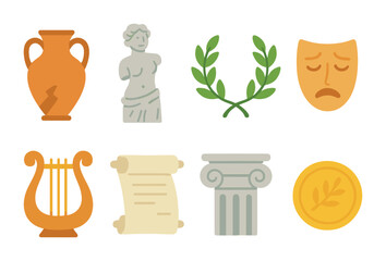 Greek Artifacts Icons. Flat vector mini-illustrations ancient Greek artifacts in colors children's
