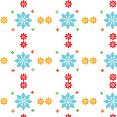 A vibrant and intricate geometric floral pattern featuring repeating symmetrical motifs in bright cyan red and yellow on a clean white background creating a festive and decorative design