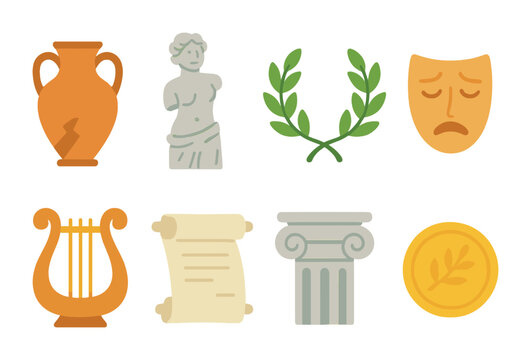 Greek Artifacts Icons. Flat vector mini-illustrations ancient Greek artifacts in colors children's