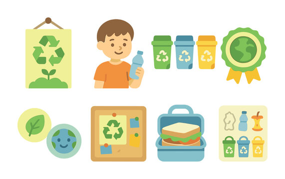School Recycling Icons. Flat vector mini-illustrations school recycling programs in colors children's