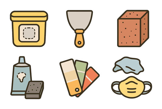 Drywall Repair Tools. Flat vector mini-illustrations fixing drywall holes in colors children's illustrations: