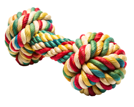 A colorful, knotted rope dog toy, isolated on a transparent background