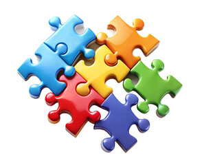 Obraz premium Colorful interlocking puzzle pieces forming a connected group, isolated on white isolated on transparent background