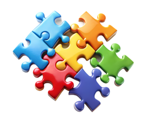 Colorful interlocking puzzle pieces forming a connected group, isolated on white isolated on transparent background