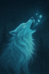 Celestial Blue Wolf in Starry Sky - Mystic Fantasy Illustration with Dreamlike Energy