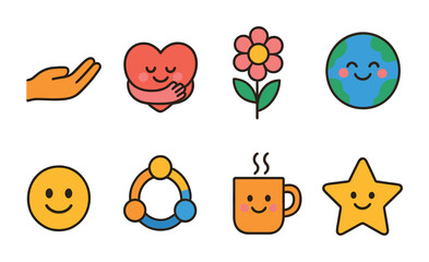 Fototapeta premium Kindness Icon Grid. Flat vector mini-illustrations kindness encouragement messages in colors children's