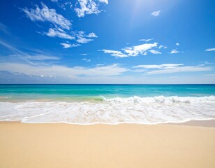 Sunny beach scene with turquoise water and fluffy clouds