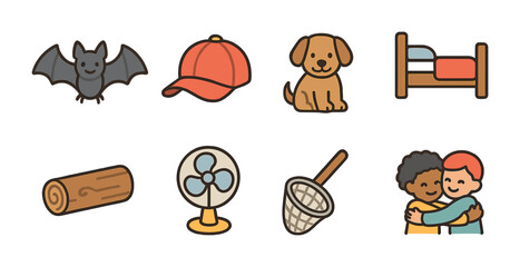 Word Family Icons. Flat vector mini-illustrations of word families in colors children's illustrations: bat for