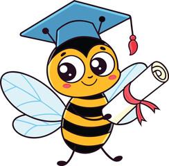 Adorable cartoon bee wearing a graduation cap and holding a diploma scroll symbolizing academic achievement and educational success with a cheerful and cute demeanor