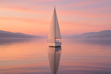 Fototapeta premium Solitary Sailboat Reflected on Tranquil Lake at Dusk