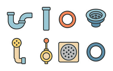 Obraz premium Colorful Bath Plumbing Icons. Flat vector mini-illustrations of bath drain system in colors children's