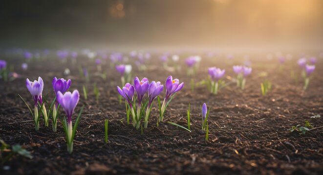 Purple Crocus Flowers Blooming in Morning Mist