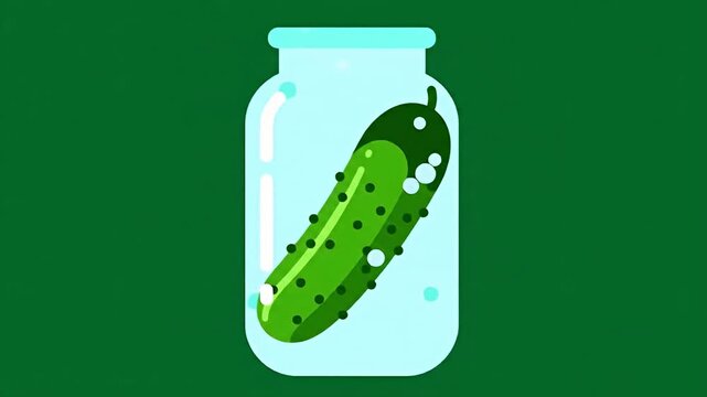 Cartoon image of a pickle in a light-blue jar against a dark-green background