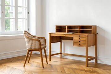 Elegant Wooden Desk and Wicker Chair by a Window in a Bright Room, Professional Photography