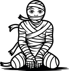 Vector illustration: Cute mummy cartoon, black and white, Halloween style.