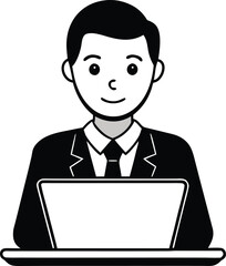 Friendly cartoon businessman in a suit and tie smiling confidently while working on a laptop computer at a desk in a simple black and white illustration