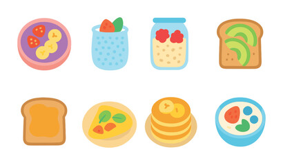 Fototapeta premium Healthy Breakfast Swaps. Flat vector mini-illustrations of healthy breakfast swaps in colors children's