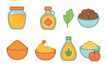 Sugar Alternatives Icons. Flat vector mini-illustrations of sugar alternatives in colors children's