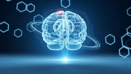Abstract Rendered Human Brain With Glowing Elements and Hexagon Shapes Against Blue Background - Powered by Adobe
