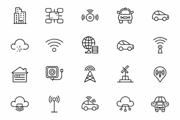 A modern urban icon pack visualizing smart cities, connected environments, and real-time systems. Perfect for urban planning apps, smart home tech, and energy-efficient city interfaces