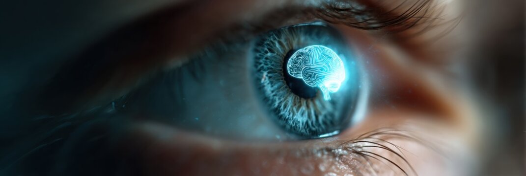 Focusing on Innovation With an Eye-Shaped Lens and a Glowing Brain Symbol at Dusk