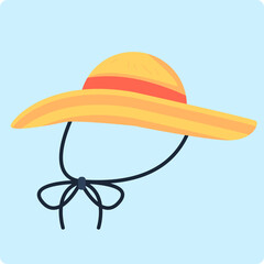 Yellow straw hat with red ribbon and black chin strap tied in a bow