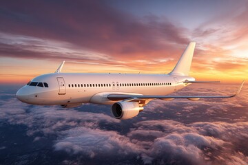 Obraz premium White jet plane soars above colorful sunset clouds