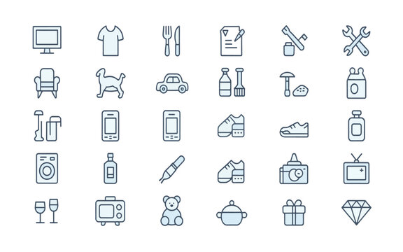 A set of 25 minimalist line art icons arranged in a 5x5 grid format, with a blue oval button containing white text SUPERMARKET in the center