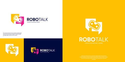 Simple smart technology logo with a robot head and chat bubble concept, vector design template.