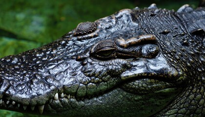 Fototapeta premium Close-up of a Crocodile's Scaly Head, Showing Eye, Nostril, and Teeth Detail