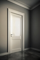 Silent Passage: A singular, closed door stands within a room, a minimalist study in stark, atmospheric lighting, embodying quietude and anticipation.
