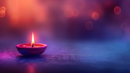 Diwali diya lamp glowing with warm golden light placed on a textured surface, festive bokeh background, peaceful ambiance, traditional Indian Hindu celebration with spiritual vibes