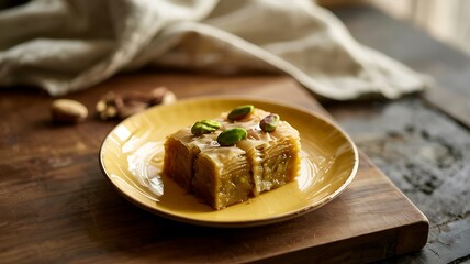 Sweet, flaky dessert with pistachios on a yellow plate