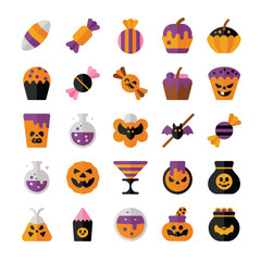 Halloween icons candy potion pumpkin bat cauldron vector