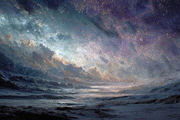 Fototapeta premium Celestial landscape with shimmering stars and clouds in the night sky overlooking rough terrain in an unidentifiable location