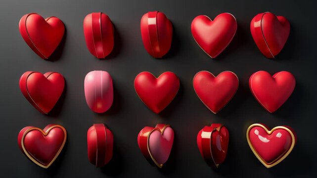 Valentine&rsquo;s Day themed heart cookies in glossy red and soft pink icing on black surface, representing affection, sweetness, and romantic holiday dessert decoration concept. 4K, motion 

