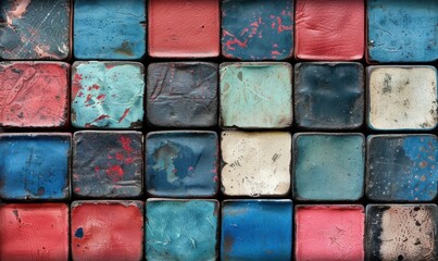 Grungy multi colored square tile mosaic weathered abstract background