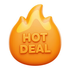 3D flame-shaped badge with HOT DEAL text, bright orange and yellow gradients, Transparent PNG