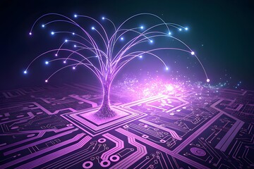 Futuristic technology tree connecting to digital networks promises innovation and connectivity solutions