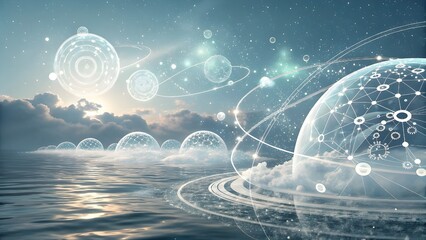 Surreal network landscape with global connection, sparkling digital world, and advanced technology