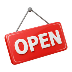 Transparent PNG 3D hanging “OPEN” sign, red with white text