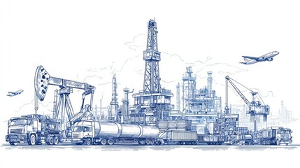 Set of line art illustrations depicting oil and gas industry elements including refinery, rig, platform, drilling, and transportation