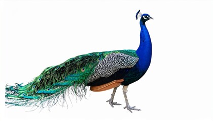 Fototapeta premium Majestic Indian Peacock, Vibrant Plumage, Isolated White Background