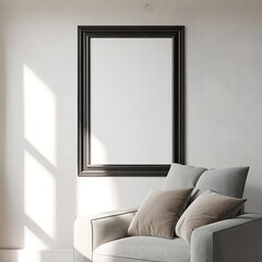 Fototapeta premium Empty Black Picture Frame with Sunlight Shadows on White Wall Above Sofa