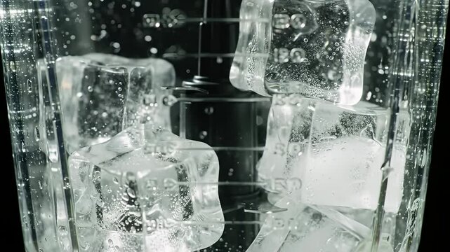 Blender view of clear ice cubes and water with condensation on a plastic container