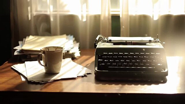 Typewriter, papers, and coffee mug sit on wooden desk in sunny room