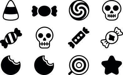 Spooky Halloween Candy Vector Icons:  Black and White Style