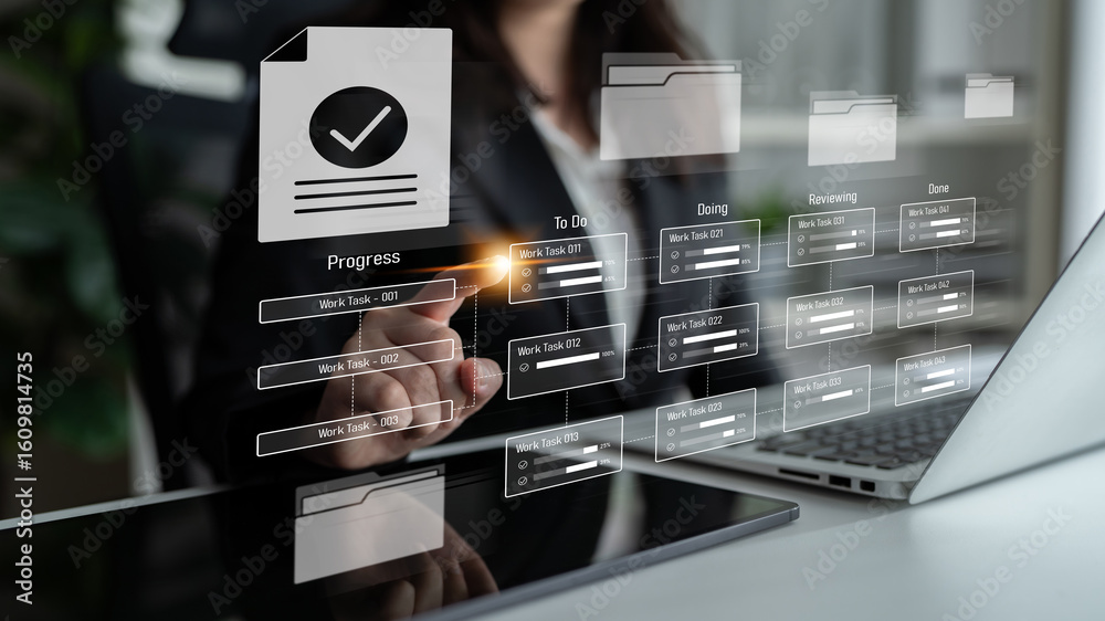 Poster task management workflow dashboard visualizing to-do lists, ongoing tasks, review status, and comple