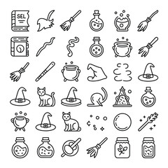 Witchcraft magic potion spell book broomstick hat cat cauldron symbols vector