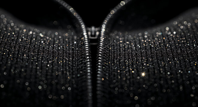 Close-up of a luxurious black fabric with glittering sparkles and an open zipper, suggesting elegance and style. - Powered by Adobe